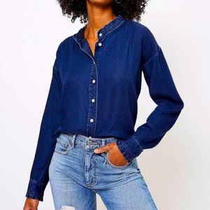 Night Sky Chambray Smocked-Neck Button-Up